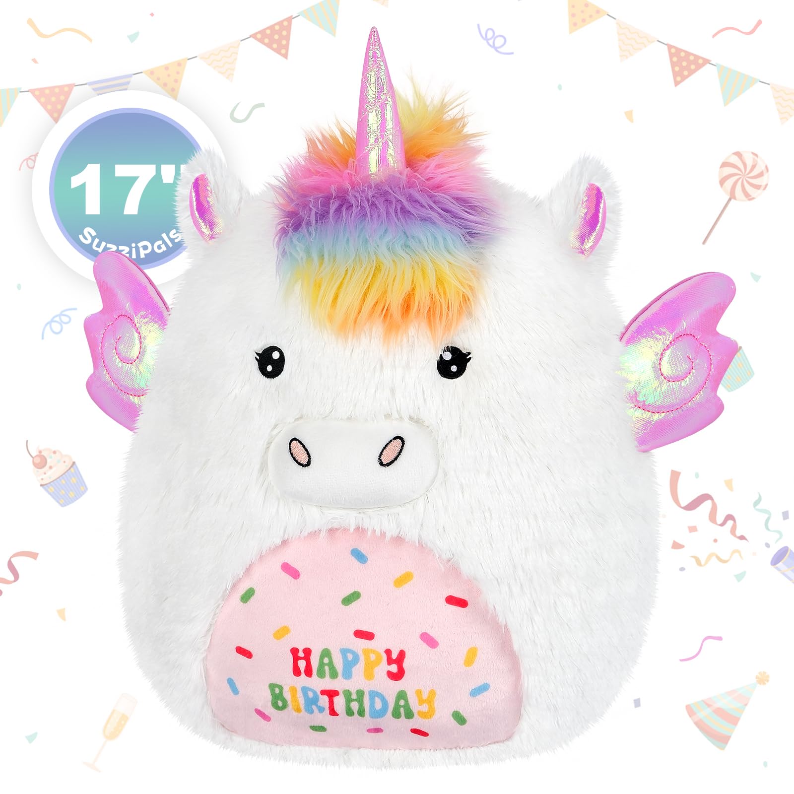 SuzziPals 17'' Happy Birthday Unicorn Plush Pillow, Soft & Squishy, White Unicorn Stuffed Animal for Cuddle, Plushie Room Decor, for Girls & Boys