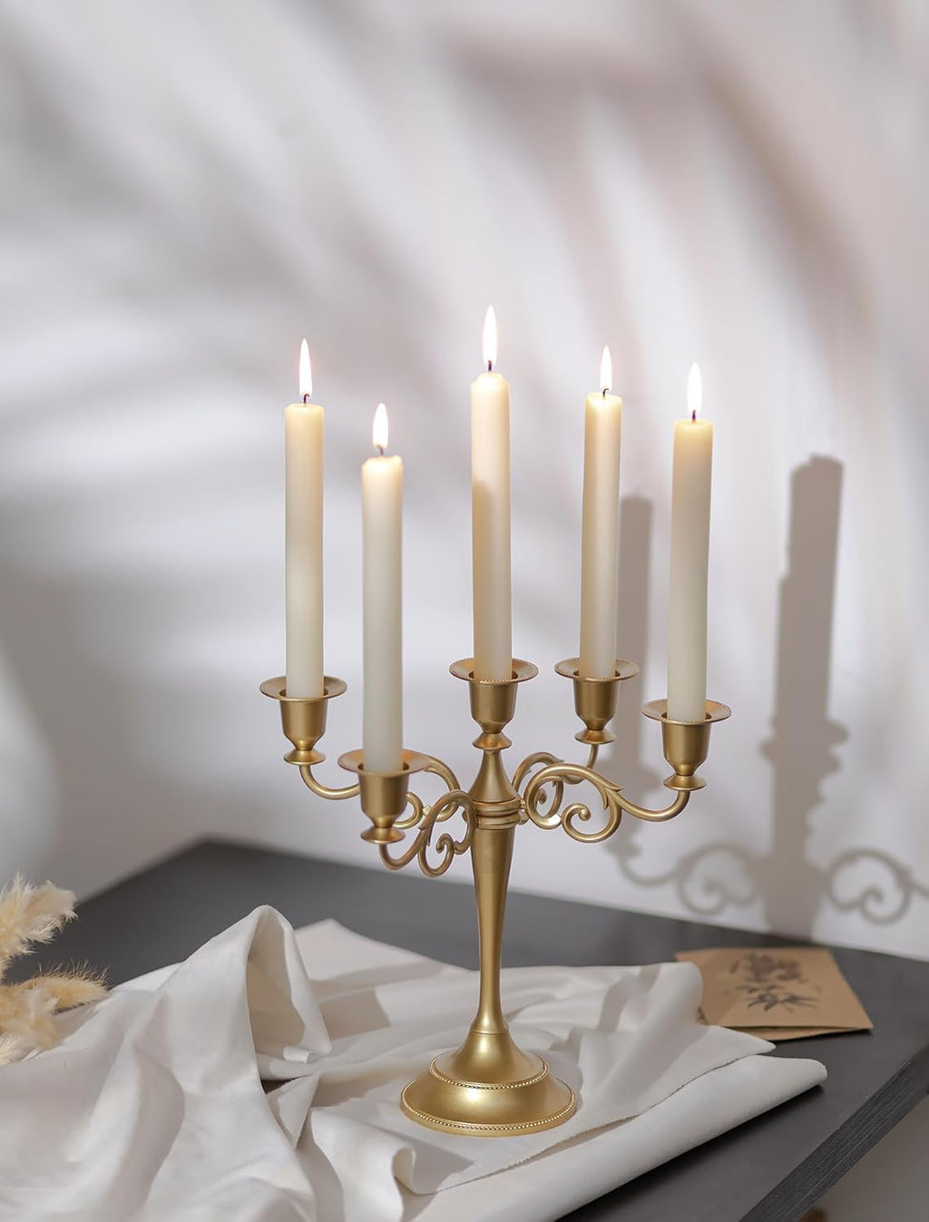 Sziqiqi Gold Candelabra | 10-Inch Table Centerpiece Candle Holder for Taper Candles - 5 Arms Design