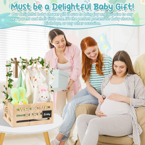 Jupwalz Wooden Baby Shower Crate Closet With Hangers, Letters, Dividers - Easy Assembly Basket for Newborn Boys Girls - Pregnancy Gifts for New Parents