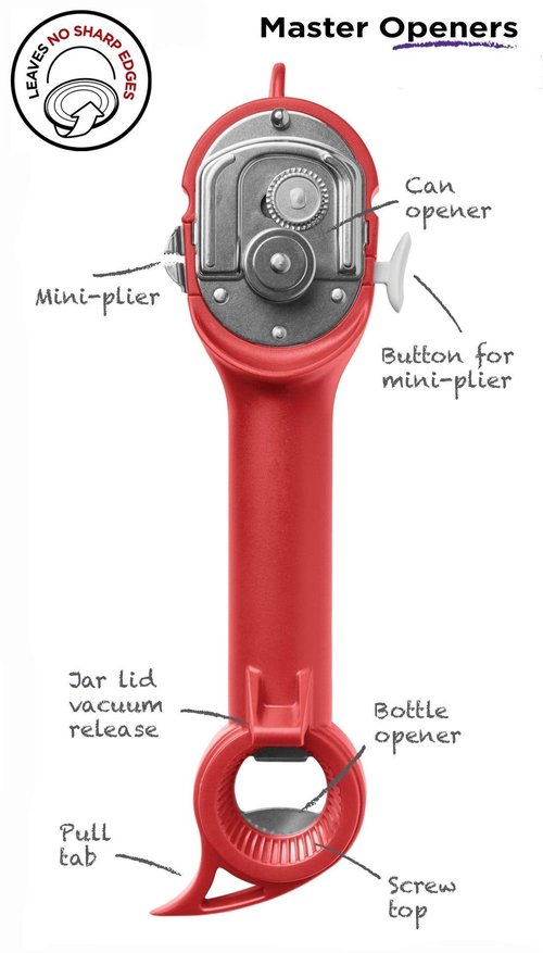 Kuhn Rikon 5-in-1 Multi-Purpose Strain-Free Opener for Jars, Bottles and Ring-Pull Cans, 5 x 10 x 2.25 inches, Red & Auto Safety Master Opener for Cans, Bottles and Jars, 9 x 2.75 inches, Red