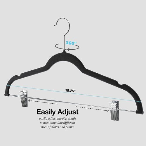 Home-it Pants Hangers - Black Velvet Non-Slip Clips for Space-Saving Storage | 10 Pack