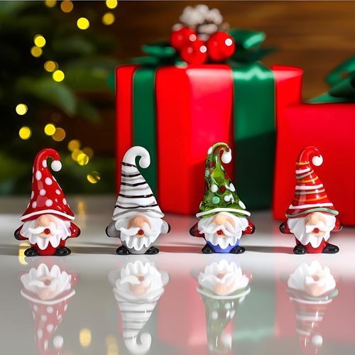 AceOrbit Mini Christmas Gnome Decorations - 4 Pcs Glass Santa Claus Ornaments for Holiday Table Decor