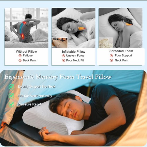 YOUR MOON Memory Foam Travel Pillow, Pure Cotton Cover, Ergonomic Wave Compressible Camping Pillow for Sleeping, Portable Backpacking Neck Support Pillows for Hiking, Car & Airplane (Off White)