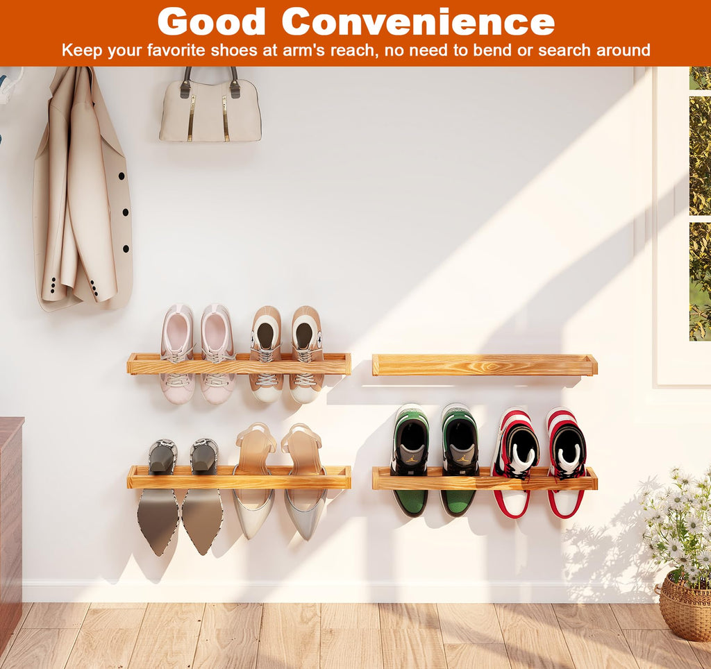 lesolar Wall Mounted Shoe Rack 20 Inch, 4 Pcs Rustic Wood Wall Hanging Shoe Rack, Burnt Wood Shoe Storage Organizer for Entryway Mudroom Closet, Space Saving
