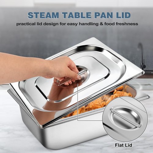 6 Packs 1/2 Half Size Hotel Pan Lids, 12.9''L x 10.6''W Stainless Steel Steam Table Pan Lid with Handles, Metal Hotel Pan Covers for Home, Buffet, Cafeteria, Commercial Restaurant