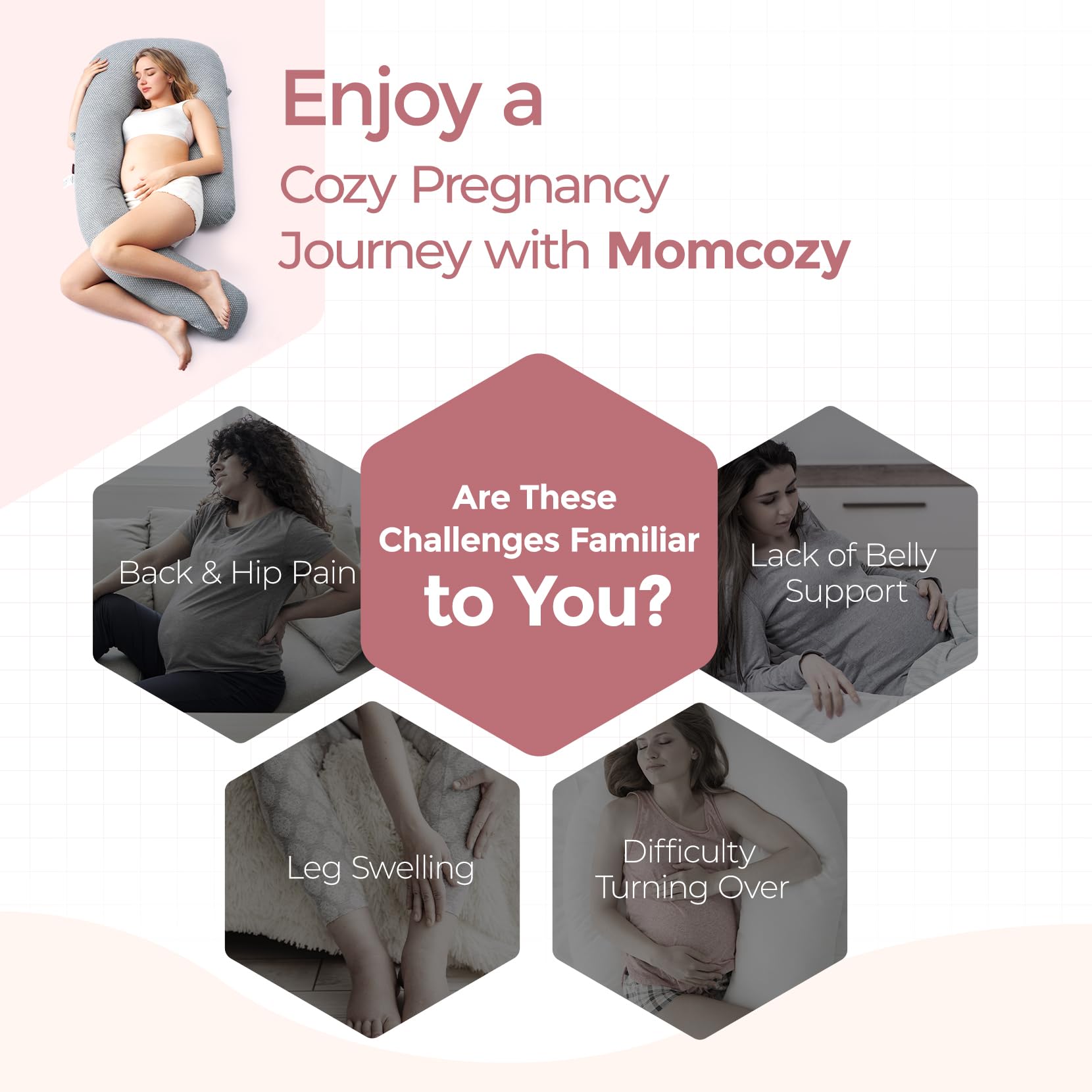 Momcozy Pregnancy Pillow for Sleeping, Dreamlign U Pro Body Pillow with Adjustable Leg Pillow - Support for Back, Hips, Belly, Legs for Pregnant Women, 50-72 Inch Maternity Pillow with Air Layer Cover