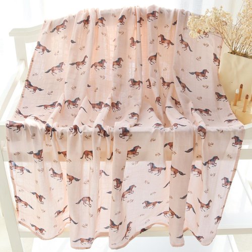 LifeTree Baby Swaddle Blankets, Muslin Swaddle Blankets Boys Girls Swaddling Wrap Receiving Blanket for Newborn, 70% Viscose Bamboo and 30% Cotton, Large 47" x 47", Horse Pattern