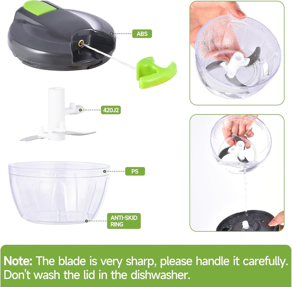 Skiennix Manual Food Processor - Portable Hand-Pull Vegetable Chopper | 500ml Gray-Green Mincer for Garlic, Onions & More