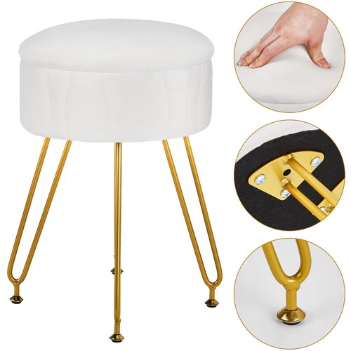 VECELO Vanity Stool with Storage, Velvet Chair for Vanity, Strong Metal Legs, Anti-Slip Feet, Padded Seat for Make Up, Bedroom, Living Room, Entryway, White