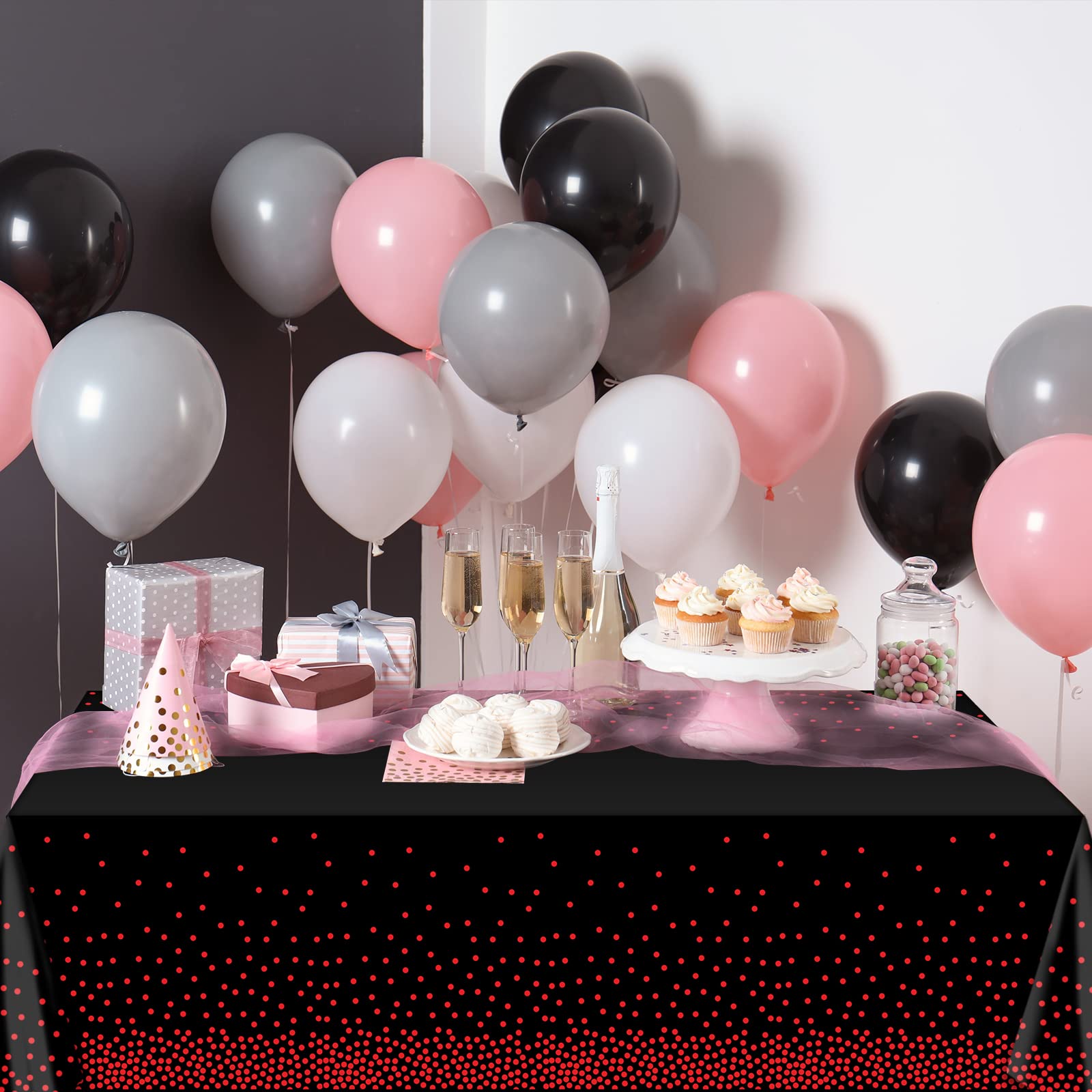 1 Pack Red and Black Dot Plastic Tablecloth, Red Stamping Dot Confetti Rectangle Plastic Disposable Table Cover for Birthday Wedding Baby Shower Engagement Anniversary Party Decorations, 54 x 108 Inch