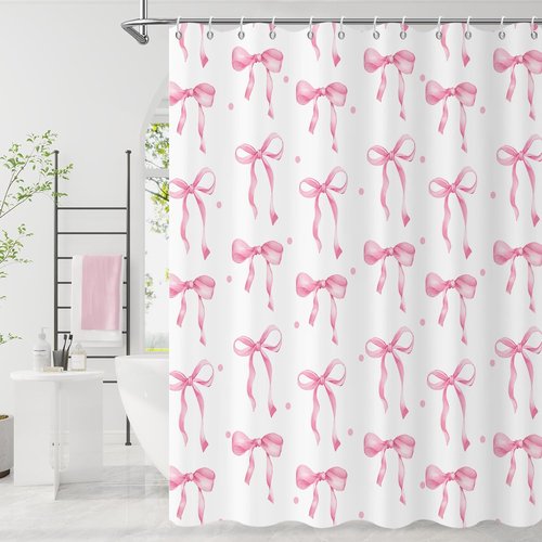 Caheansi Pink Shower Curtain, Pink and White Modern Aesthetic Bowknot Polka Dot Cute Girly Bathroom Curtain Waterproof Fabric Machine Washable with Hooks, 72" Wx72 L