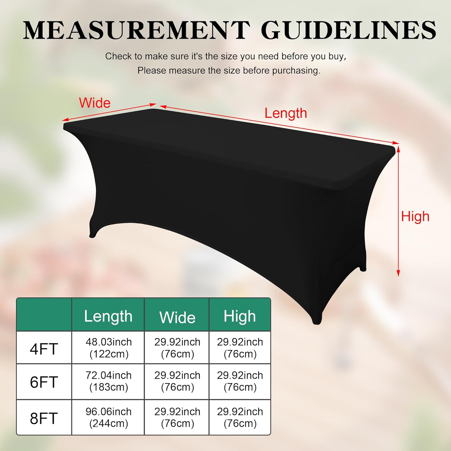 Skiennix 4FT Rectangular Table Cloth - Washable Black Spandex Cover for Events & Parties