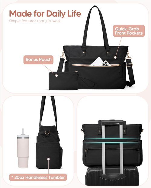 Marscamd Lunch Tote Bag with Insulated Compartment & 15.6" Laptop Sleeve, Womens 2-in-1 Water-resistant Work Bag for Office with a Purse & Crossbody Strap, Black