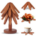 Natural Wood Tree Trivet Set, 4 Leaf Pattern Hot Pads with Decorative Storage Stand, Pot Holders as a Kitchen Gift, Wooden Trivets for hot Dishes,Pot, Pans, Bowl, Teapot, Coffee Pots