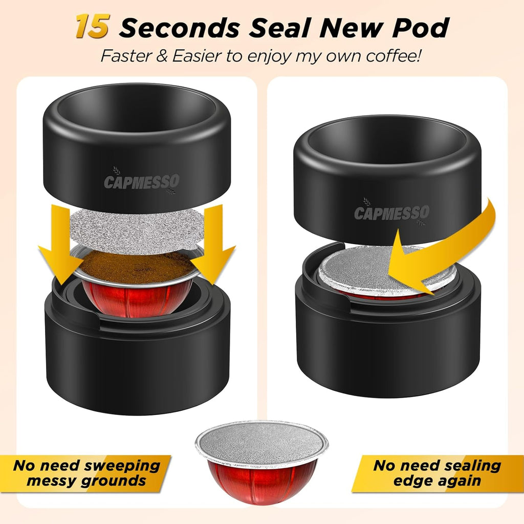 CAPMESSO Reusable Vertuoline Pod Refill Kit - 50 Aluminum Lids with Fill & Press Brush | Eco-Friendly Solution
