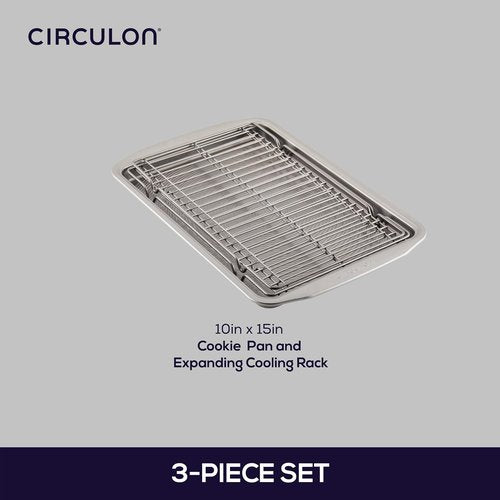 Circulon Bakeware Baking Sheet Set - 3-Piece Cookie Pan & Cooling Rack in Gray
