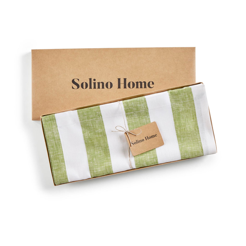 Solino Home Linen Table Runner 144 Inches Long - Cabana Stripe, 100% Pure Linen Green and White Table Runner 14 x 144 Inch for Dining, Spring, Summer