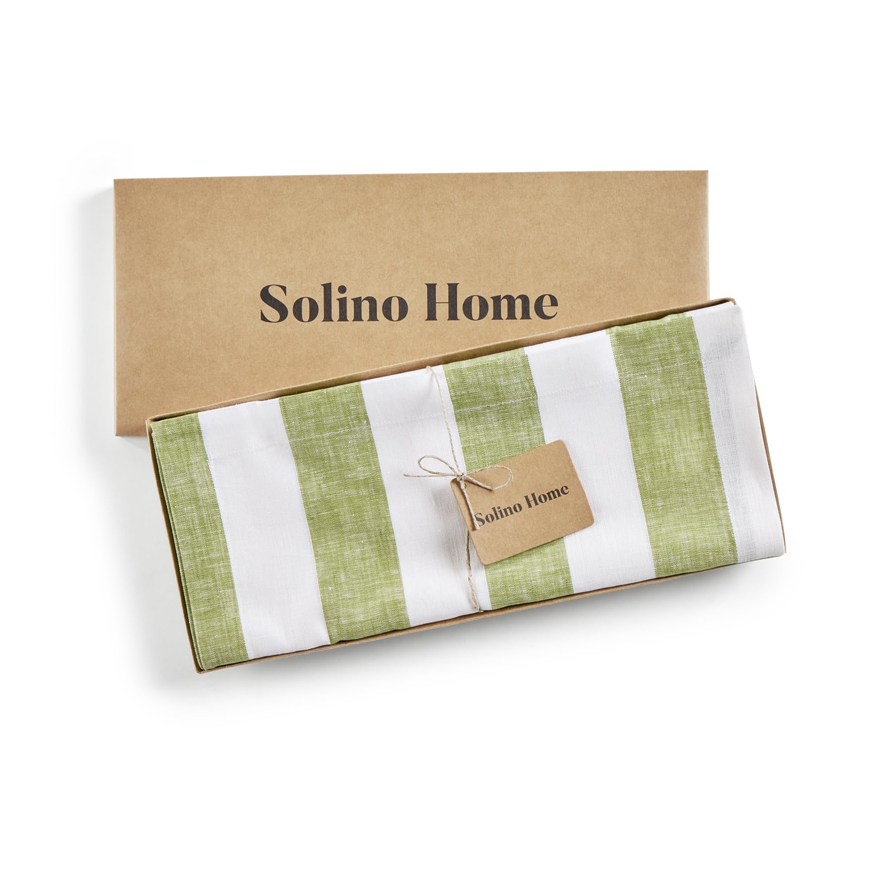 Solino Home Linen Table Runner 144 Inches Long - Cabana Stripe, 100% Pure Linen Green and White Table Runner 14 x 144 Inch for Dining, Spring, Summer