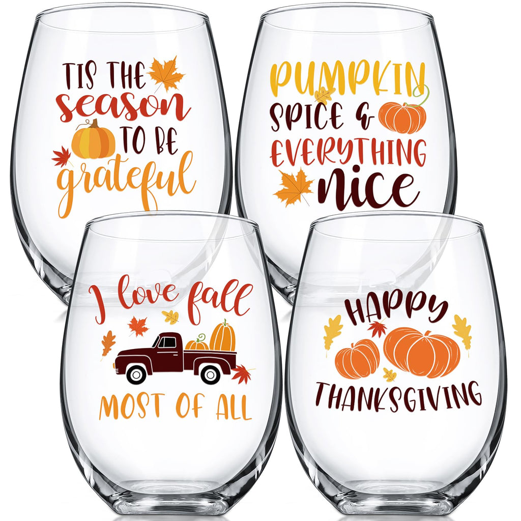 Umigy 4 Pcs 17oz Fall Stemless Wine Glasses Hello Thanksgiving Autumn Decorations Pumpkin Spice Tumbler Harvest Tumbler Cups Kitchen Friendsgiving Gifts for Sisters, Friends, Colleagues