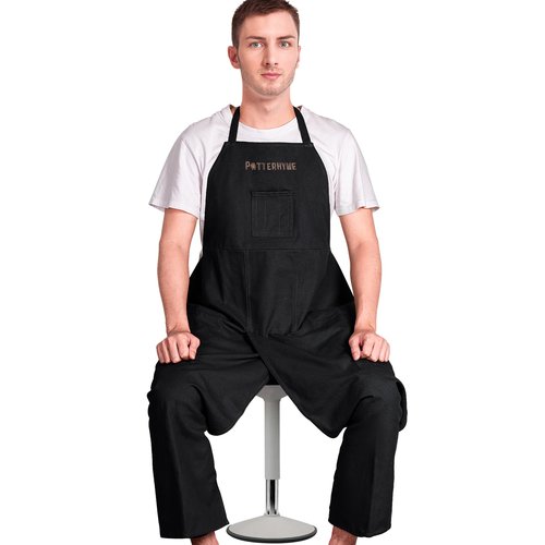 Potterhyme Full Coverage Pottery Apron Split Leg - 100% Cotton Canvas Potter's & Ceramics Apron with Pockets for Women & Men (Black)