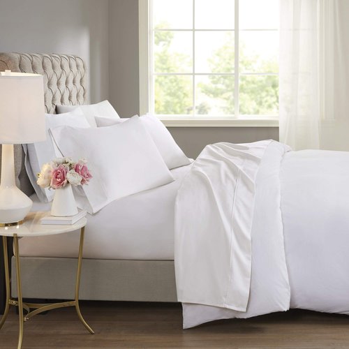 Madison Park 600 TC Cooling Cotton Blend Solid Sheet 16 Inch Deep Pocket, All Season, Soft Bedding-Set, Matching Pillow Case, Queen, White 4 Piece.