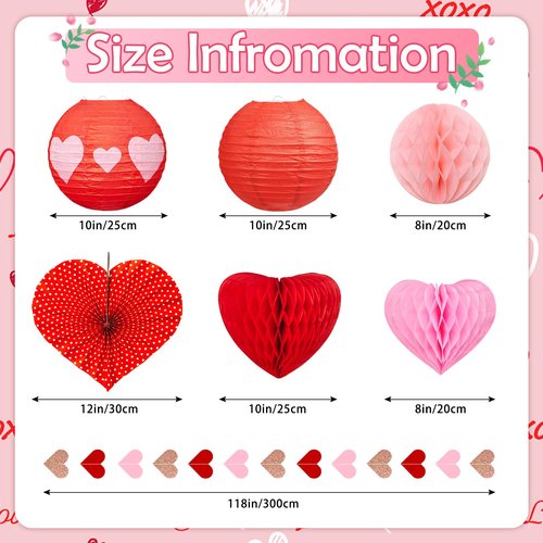 Hanging Valentines Decorations for Ceiling - 17 Pcs Valentines Day Hanging Decor with Honeycomb Hearts, Paper Fans & Lanterns - Vibrant Valentine Day Decorations for Office , Home & Classroom