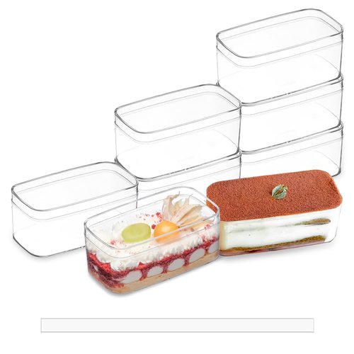 FZJ 50 Pack 10OZ Rectangle Clear Plastic Dessert Cups with Lids and Stickers Disposable Fruit Cups for Dessert,Tiramisu container with lid,Cupcake,Parfait,Pudding,Iced Cold Drinks,Snacks,Fruits