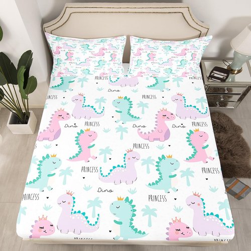 Dinosaur Fitted Sheet Pink Purple Dinos Bedding Set For Kids Girls Cartoon Bed Cover Jungle Safari Lovely Cute Animals Bed Sets Child Kawaii Room Decor With 1 Pillow Case Twin Size No Top Flat Sheet