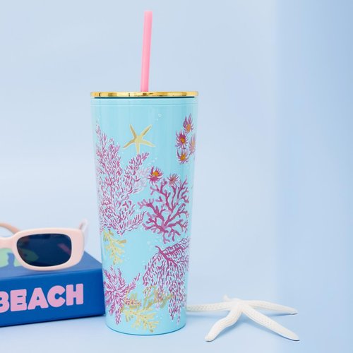 Lilly Pulitzer Double Wall Tumbler with Lid and Reusable Straw, Insulated Travel Cup Holds 24 Ounces (Royal Coral)