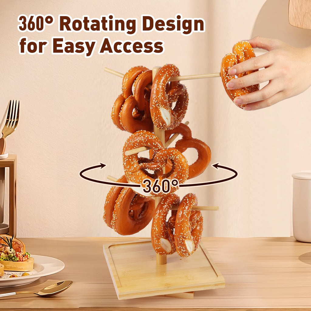 avvkfcmn Rotating Pretzel Holder Stand, Wooden Tree-Shaped Pretzel Stand for Pretzels, Donuts, Bagels, and Sausages, Ideal for Oktoberfest, Parties, and Bakeries (7.68" x 7.68" x 16.5")