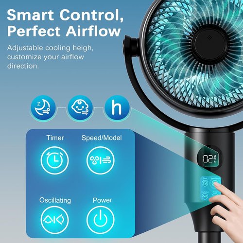 JYMIPA Oscillation Standing Fan - Whisper Quiet Pedestal Fan with 3 Modes & 8 Speeds | 24-42" Adjustable Height for Home Office