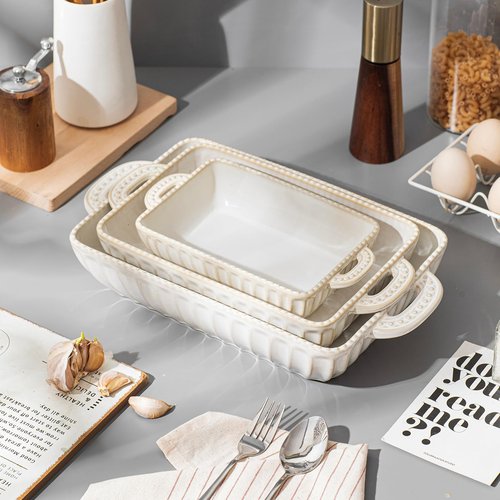 Ceramic Baking Dish Set of 3, Rectangular Casserole Dishes for Oven Lasagna Baking Pan with Handles for Kitchen Cooking, Housewarming Wedding New Year Gift (14"/12"/9")