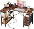 DUMOS L-Shaped Desk - 47-Inch Brown Corner Computer Desk with Power Outlet & Adjustable Shelves | Home Office Furniture