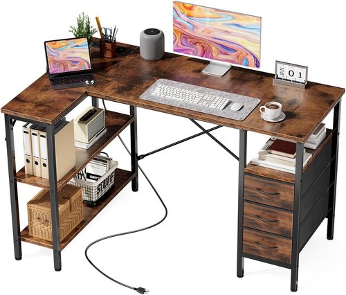 DUMOS L-Shaped Desk - 47-Inch Brown Corner Computer Desk with Power Outlet & Adjustable Shelves | Home Office Furniture