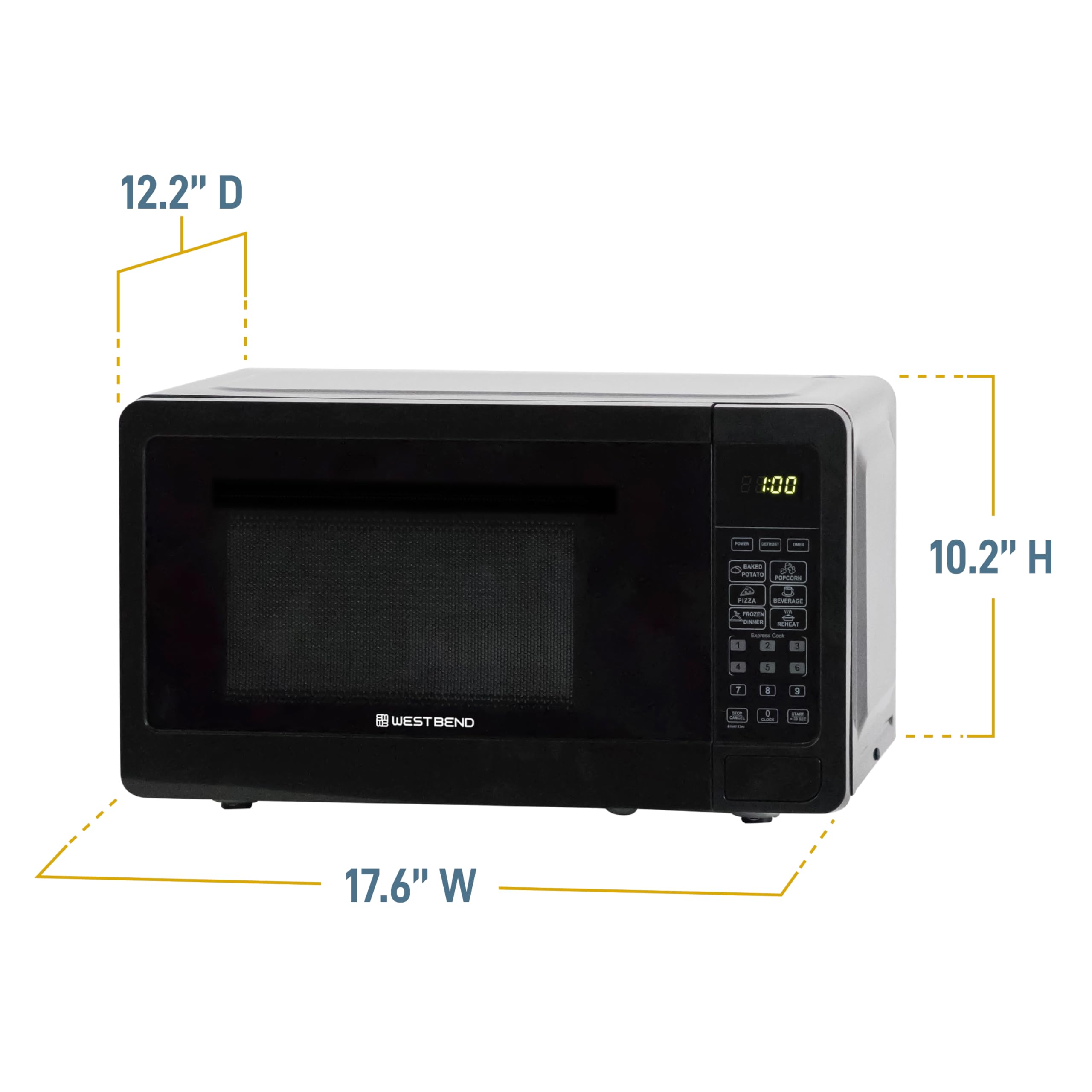 West Bend Microwave Oven 700-Watts Compact with 6 Pre-Set Cooking Settings, Speed Defrost, Electronic Control Panel and Glass Turntable, 0.7 Cu.Ft., Black
