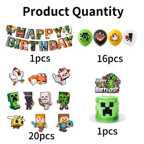 Pixel Birthday Party Decorations, Game Styled Gamer Party Supplies, lnclude Happy Birthday Banner, Balloons, Cake Toppers, Cartoon Party Celebrate Supplies