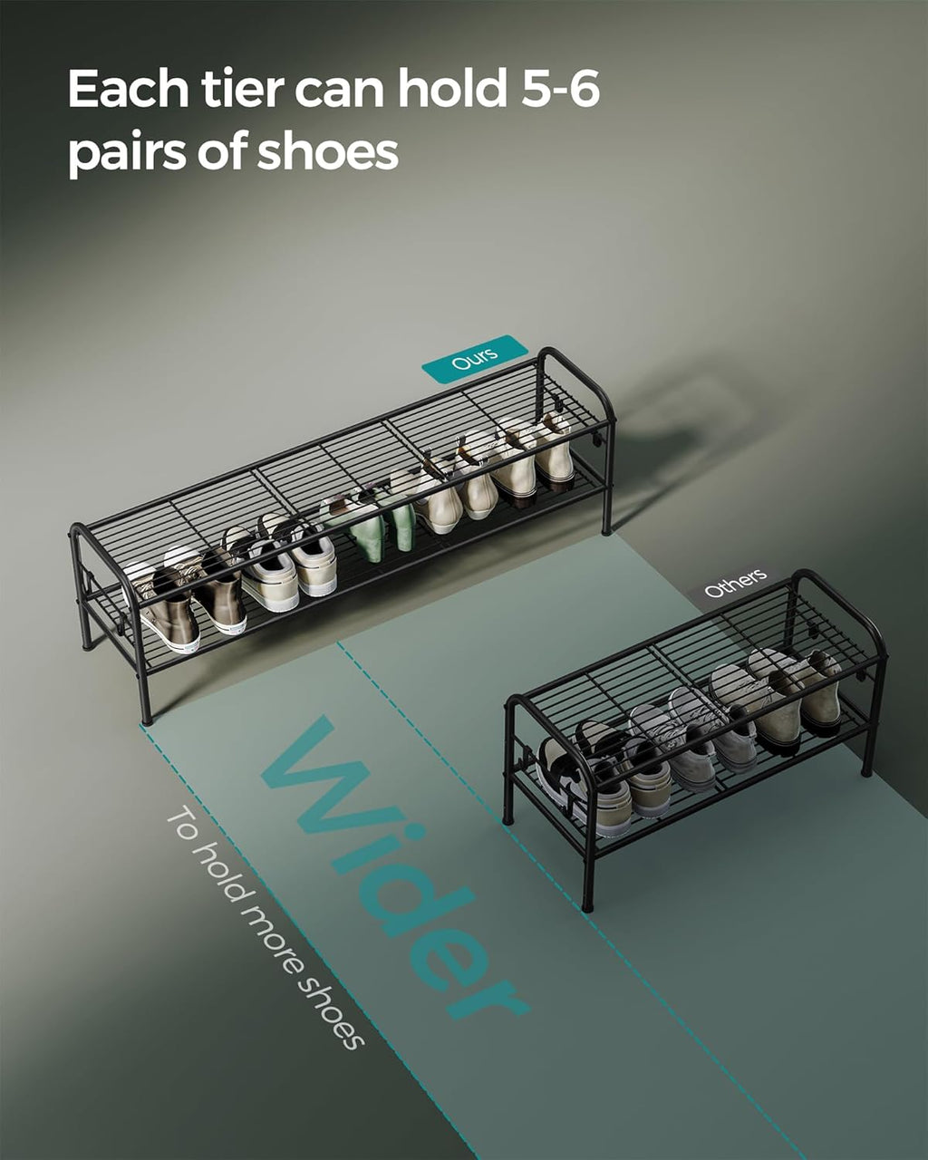 SONGMICS 2-Tier Shoe Rack - Height-Adjustable Metal Organizer with 4 Side Hooks | Holds 18 Pairs - Ink Black