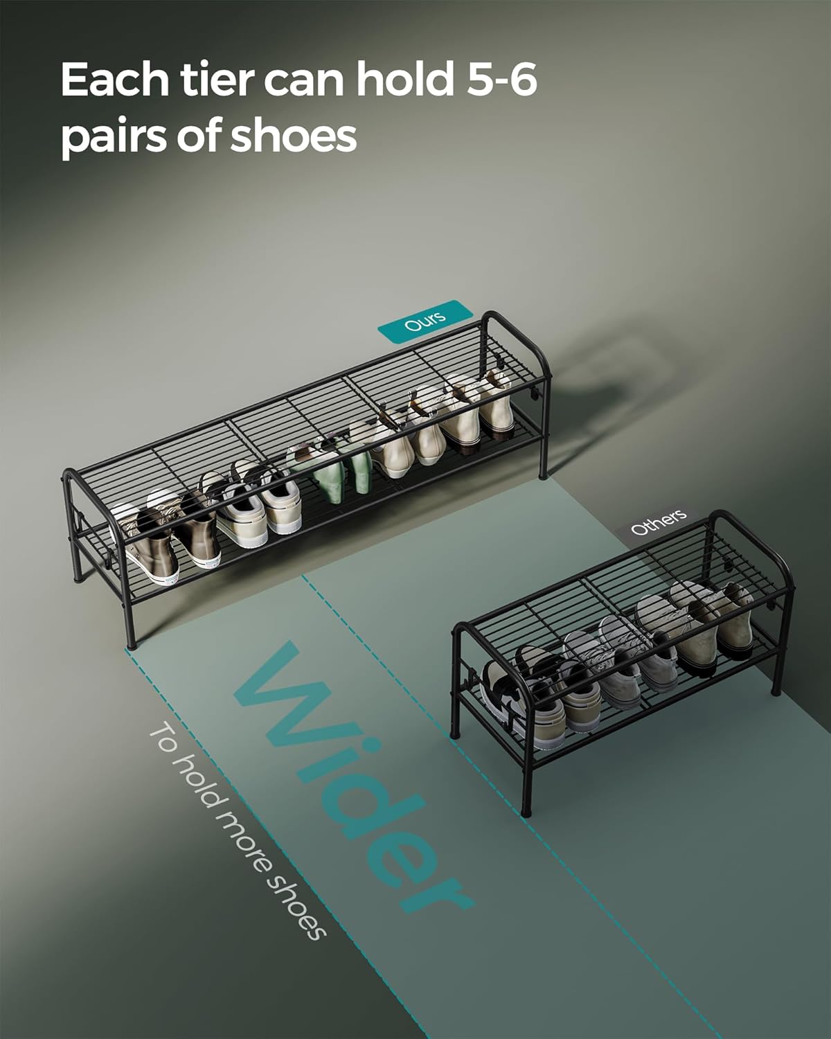 SONGMICS 2-Tier Shoe Rack - Height-Adjustable Metal Organizer with 4 Side Hooks | Holds 18 Pairs - Ink Black