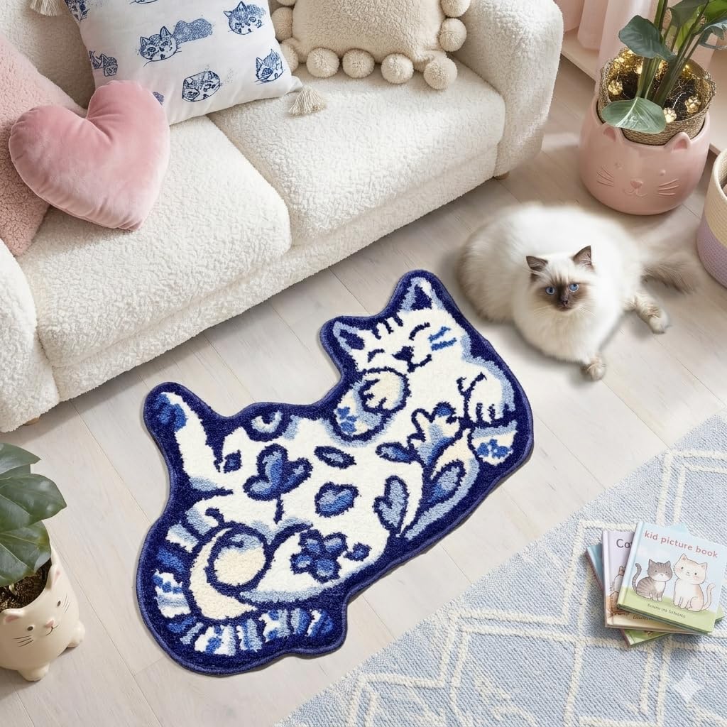 Softania Blue Delft Cat Rug - Cute Cat Bathroom Rug Super Absorbent & Non-Slip Bath Mat, Soft Fuzzy Cute Mat for Small Bathroom or Shower Floor
