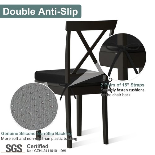 Shinnwa Dining Chairs Pads Set of 4, Patented Design Memory Foam Kitchen Chair Cushions with Ties and Washable Cover, 4 Pack, 17" x 16" x 2", Black