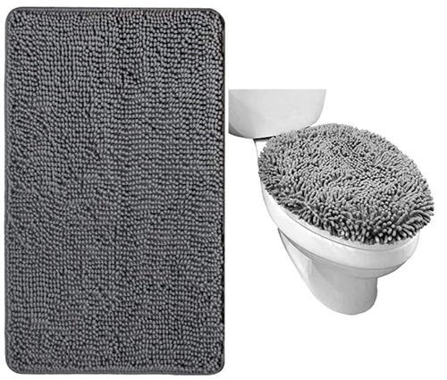 GORILLA GRIP Chenille Bath Rug and Toilet Lid Cover, Both in Gray Color, Bath Rug Size 36x24, Toilet Lid Cover Size 17.5x15, Both Machine Washable, 2 Item Bundle
