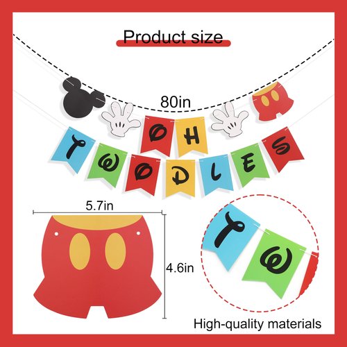 HUHJRUAR Oh Twodles Birthday Banner, Mouse 2nd Birthday Decorations, Girl 2nd Party Banner, 12 inches by 8 inches, Banner-1