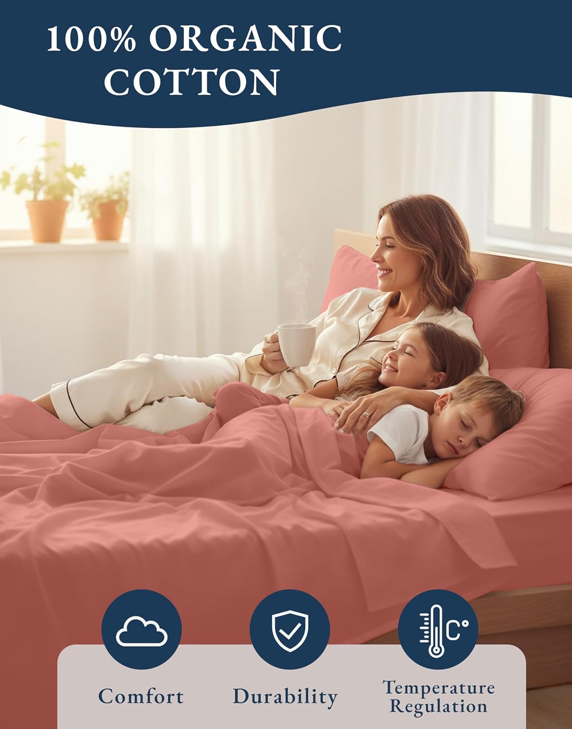 **LANE LINEN 100% Organic Cotton King Sheet Set - Fully Elasticized, Fade Resistant & Naturally Cooling - Rose Dawn**