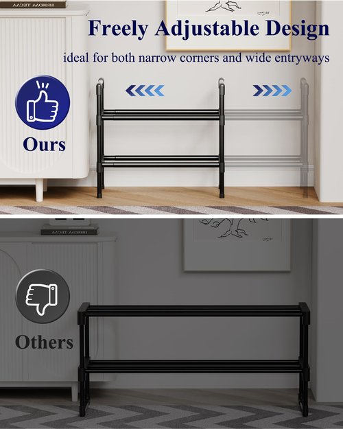 Kitsure Shoe Rack for Closet - Expandable Shoe Rack for Entrance, Rustproof Shoe Organizer for Entryway with Portable Handles, Black, 17.3″~30.2″L x 16.3″H