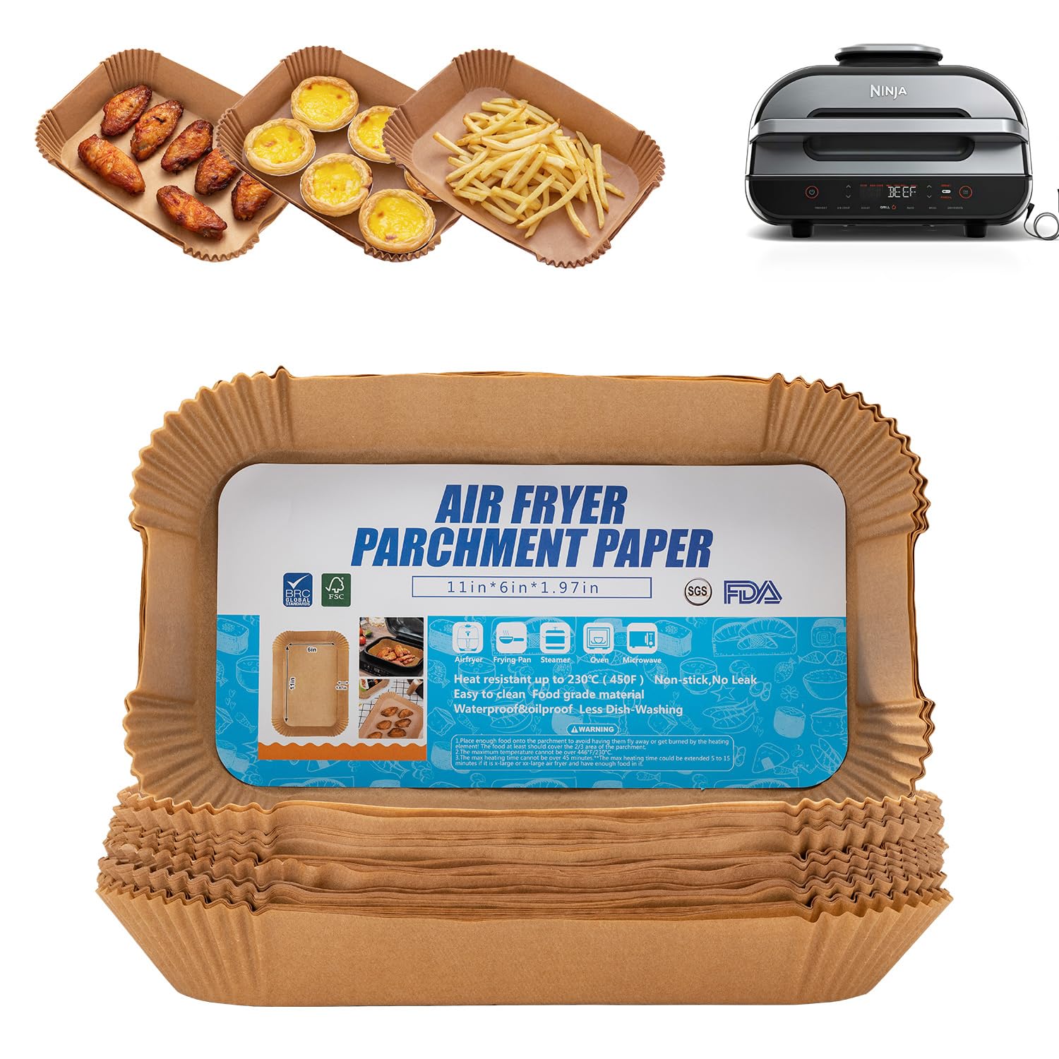 Air Fryer Liners For Ninja Foodi XL Smart FG551 6-in-1 Indoor Grill,100PCS Rectangular Air Fryer Disposable Paper Liner, Suitable for Ninja Foodi XL Smart