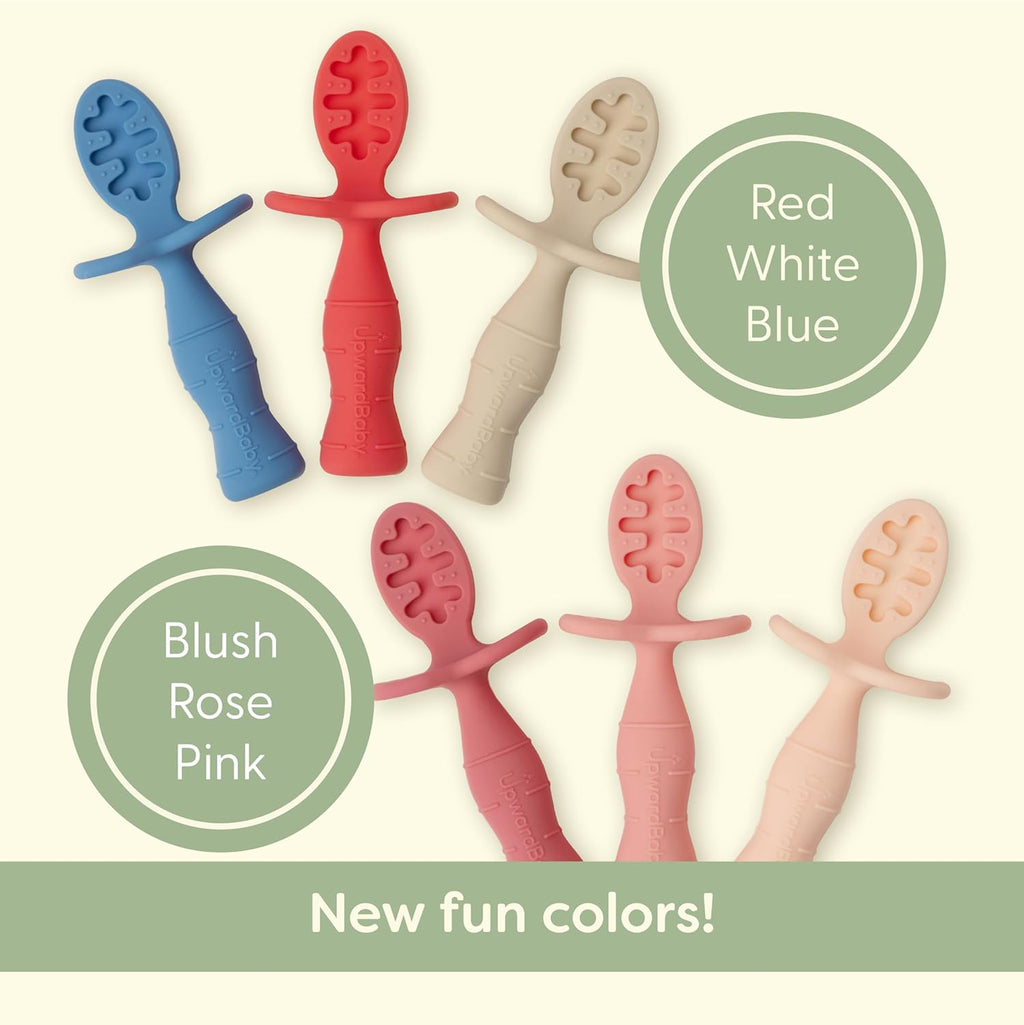 Upward Baby Spoons - Self-Feeding Toddler Utensils with Anti-Choke Barrier | 3-Pack Silicone Spoons for 6+ Months - Red, White, Blue