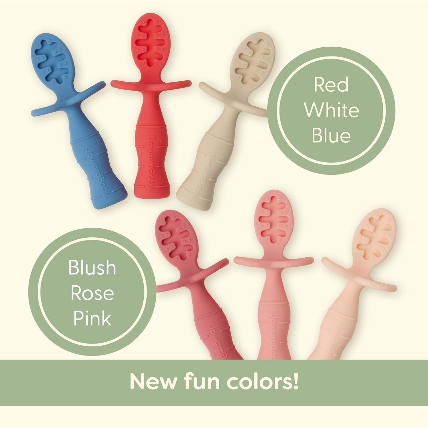 Upward Baby Spoons - Self-Feeding Toddler Utensils with Anti-Choke Barrier | 3-Pack Silicone Spoons for 6+ Months - Red, White, Blue