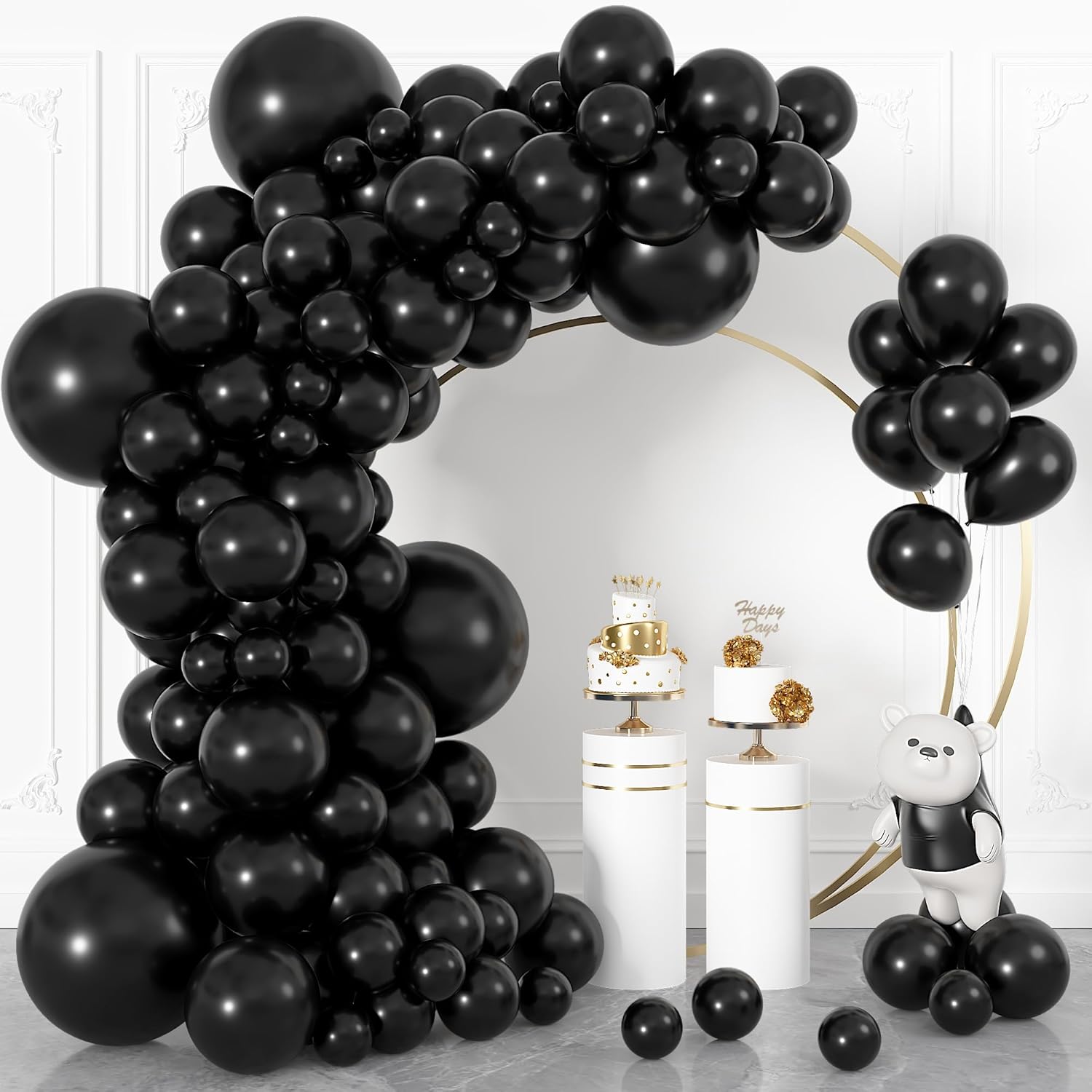 Ouddy Life Black Balloon Garland Kit - 164Pcs Matte Latex Balloons in Various Sizes for Parties & Events