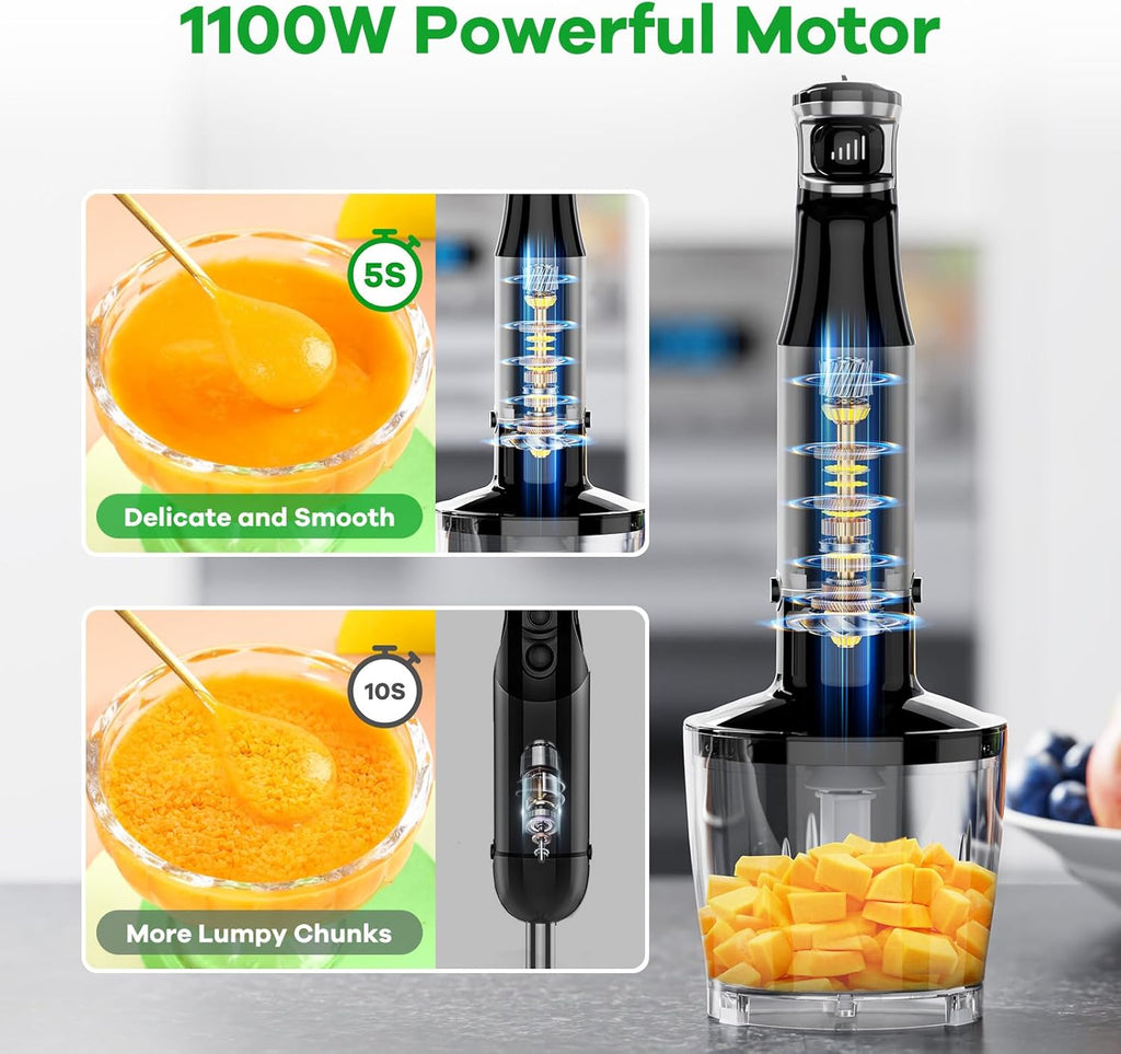 Turelar Immersion Blender - 1100W Handheld Stick Mixer with Variable Speed | Includes Chopper, Whisk & Frother - Black