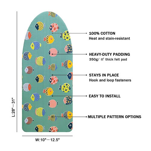 12.5" x 30" Small Tabletop Ironing Board Cover and Pad,3 Pairs of Hook and Loop Fastener Straps,Elastic Edges,Cotton Mini Iron Board Cover with Scorch Resistant Thick Padding